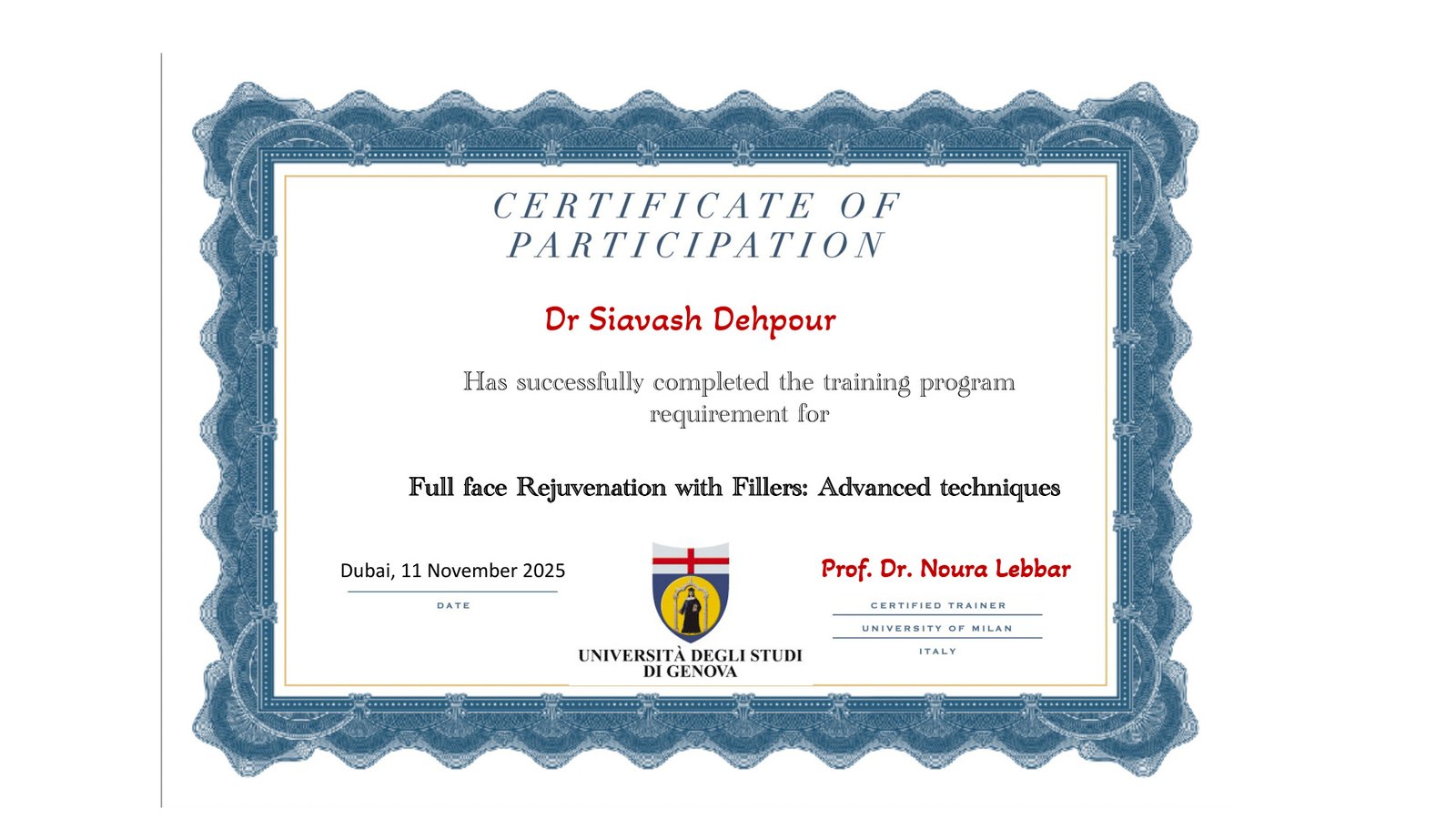 Certificate of participation for full face rejuvenation with fillers advanced techniques