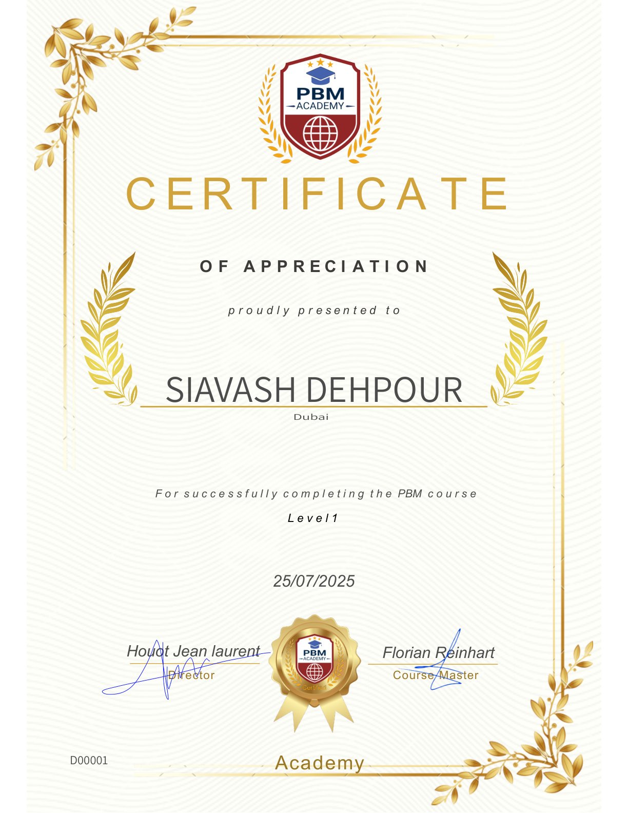 PBM Academy certificate of appreciation for Siavash Dehpour